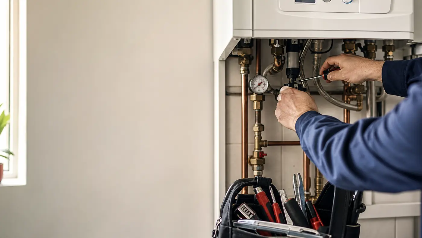 Plumber working on a domestic boiler and pipework for an emergency plumbing service