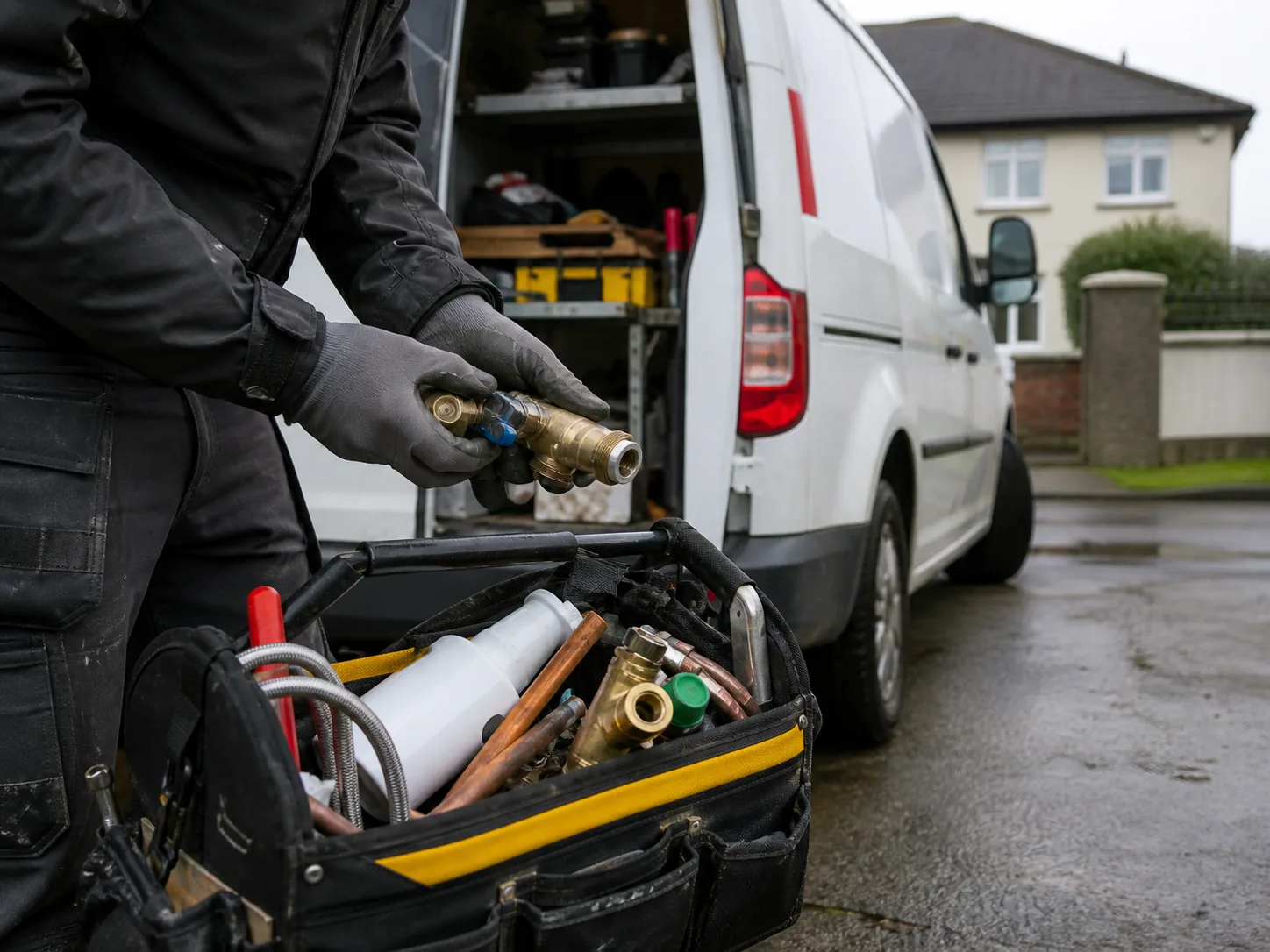 Plumbing tools prepared beside a service van for a Dublin call-out